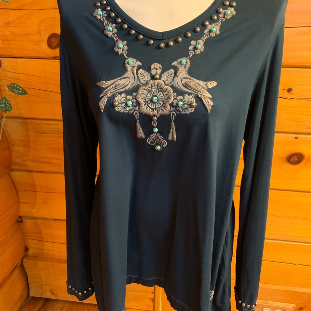 Double D Ranch Bird Necklace Motif Blue Long Sleeve Shirt Size Small
